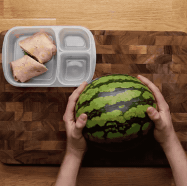 We cut out letters (using alphabet cookie cutters), which can be used to spell out cute words, names, or sayings. Besides watermelon, this would also work with any firm fruits, like pineapple or other melons.