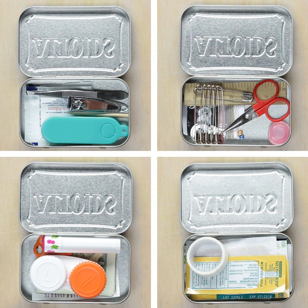 I use a mini altoids tin for a portable sewing kit. Contents in