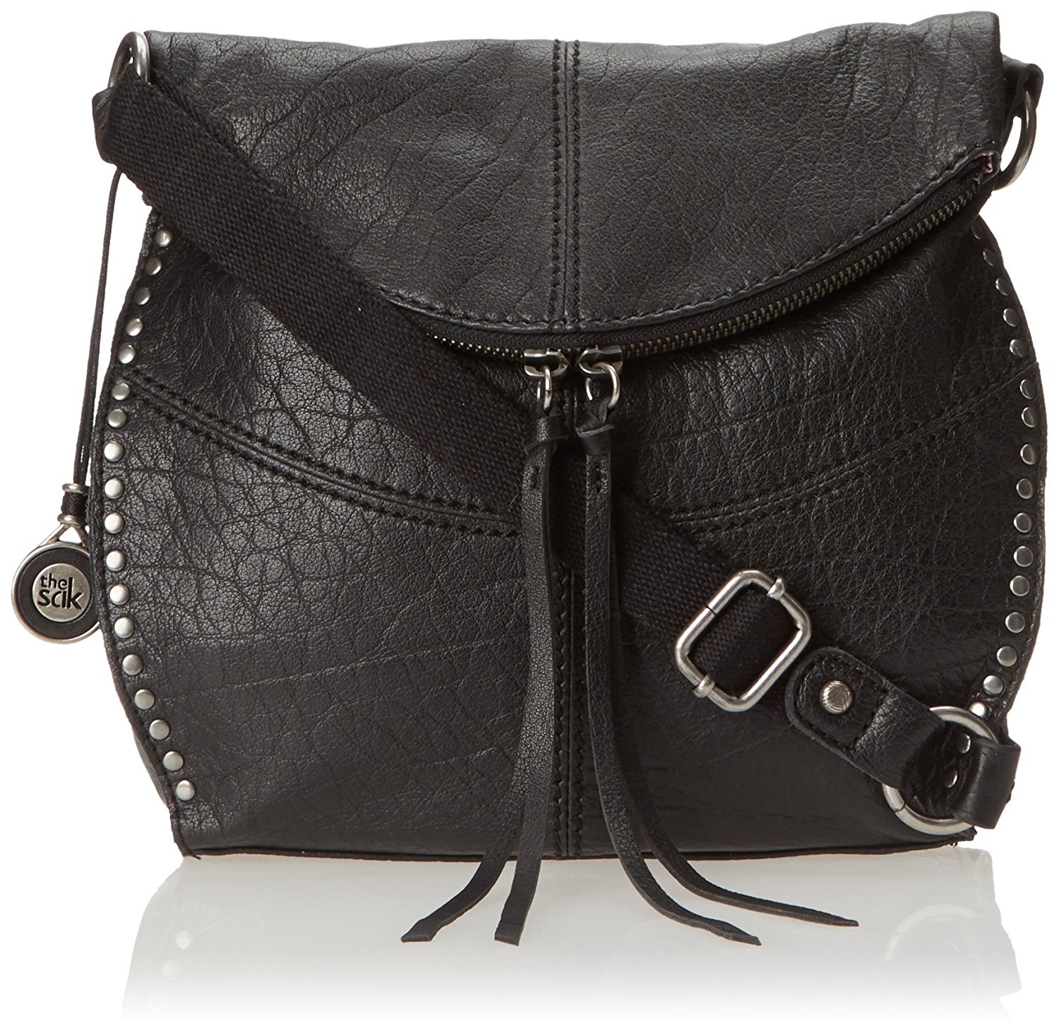 black leather purse with silver hardware