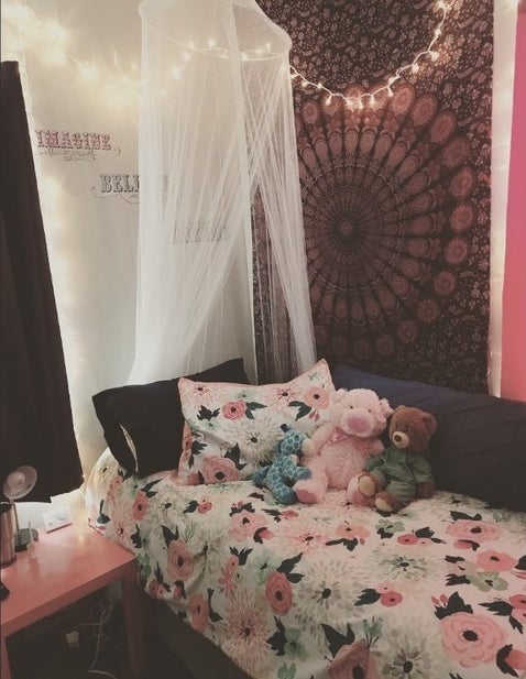 公主床上窗帘和填充动物玩具