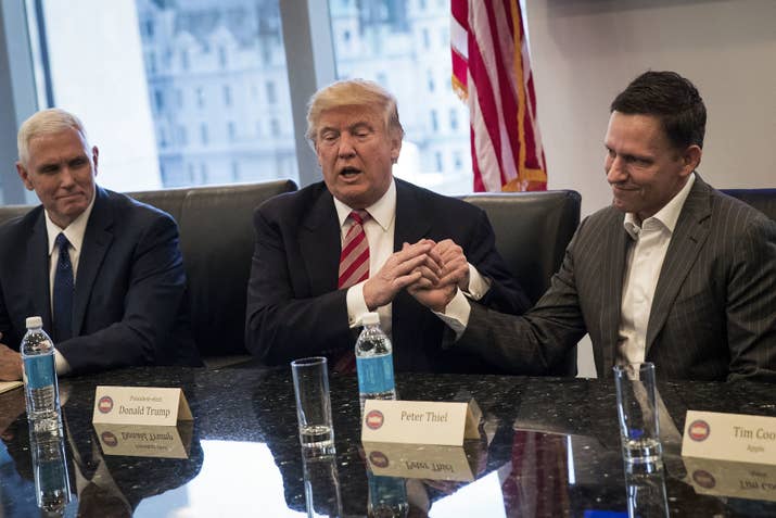 President Donald Trump shakes the hand of billionaire venture capitalist and transition team member Peter Thiel during a meeting with technology executives at Trump Tower in December.