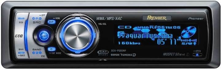 A car stereo player from the early 2000s that has blue computer graphics on it