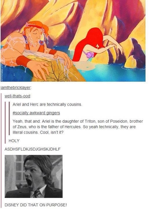 Ariel and Hercules are technically cousins.