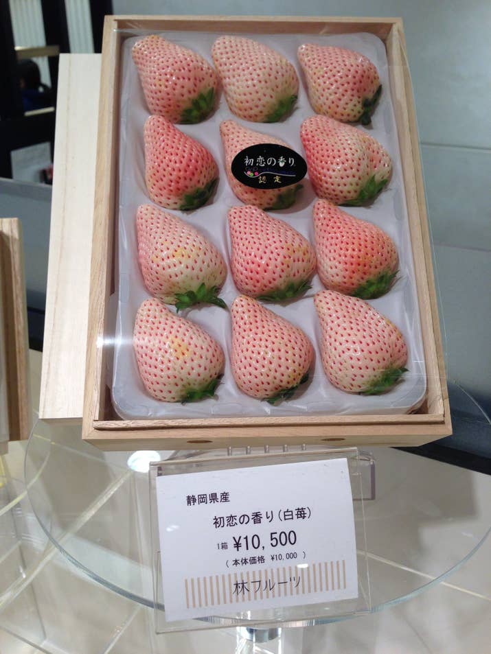 Buying fruit at a supermarket can fully be considered splurging, since fruit is just damn expensive here. Like these white strawberries, selling for around $100.