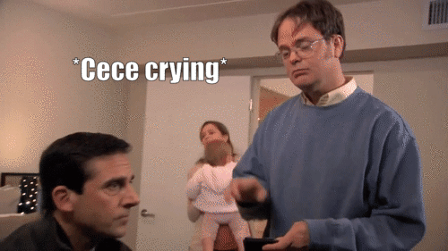 Firstly, Cece has to be baptised in an Arcade Fire T-shirt because Jim said he’d checked that they had a spare christening gown in the car but he HAD NOT CHECKED. Then he leaves Pam to deal with Cece on her own during the Glee viewing party, so Dwight steps in to help her quiet the baby. AND THEN Jim refuses to go fetch Dwight beer and pizza as a thank you for getting HIS kid to sleep, even though if Dwight moves Cece will wake up. Tool.