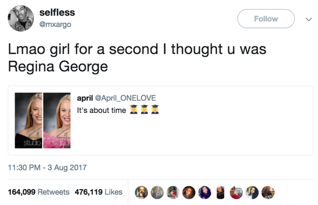 Another user, @mxargo, thought she looked like Regina George from Mean Girls in the pics, and the resulting tweet has gone insanely viral: