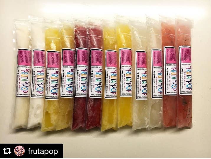 Fruta Pop 'Poptails' are alcohol infused Popsicles with a 5% ABV (alcohol by volume). The flavors are White Coconut Sangria, Coconut Rosé Sangria, Red Sangria, Mimosa, LUX pops with Veuve Clicquot, Sparkling Champagne Pomegranate. http://www.frutapop.com/