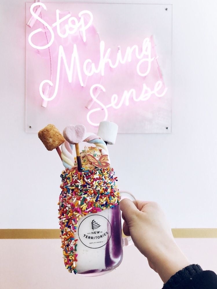 New Territories brings traditional Hong Kong eats and sweets with a bit of New York flavor, like this popular Unicorn Parade milkshake. Covered in chocolate and rainbow sprinkles rim, the Unicorn Parade is made with artisan vanilla bean ice cream and Ube with marshmallow, Pocky sticks, whipped cream, and fruity pebbles dust.