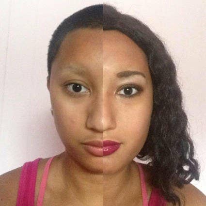 "Not the best photo quality but... I have trichotillomania, a hair-loss disorder that causes the urge to pull out my hair. I have no brows whatsoever, and last year I was shaving my head but also had a wig I occasionally wore. I did this photo to sort of defy beauty standards, and show the different 'sides' of me. I still have fun with the rest of my makeup, but I've stopped drawing my eyebrows on altogether and embrace the bald face! :)" – gessiep