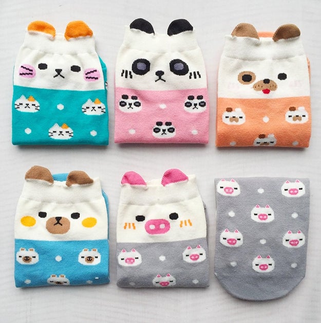 A box of impossibly cute animal socks that even have little ears.