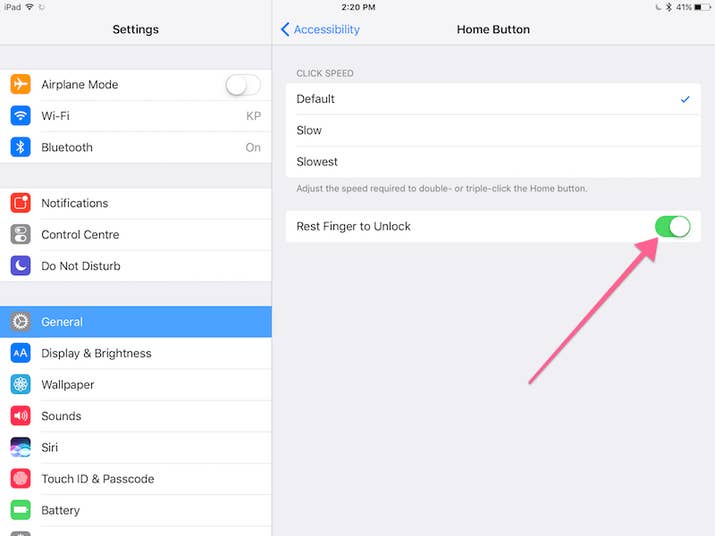 You know how you have to press your home button in order to unlock your phone now? It can get annoying, so if you want to change it, just go into Settings > General > Accessibility > Home Button and turn on "Rest Finger to Unlock." That way, all you have to do is rest your finger on the button and it'll unlock your phone.