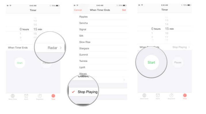 If you're the type who likes to fall asleep to music or sounds, this is a great way to do so and get it to stop once you're asleep. Here are the steps:1. Go into the Clock app2. Select "Timer" at the bottom right corner3. Select the time you want4. Tap on the "When Timer Ends" menu5. Select "Stop Playing"6. Tap "Set" at the top right corner7. Tap "Start"