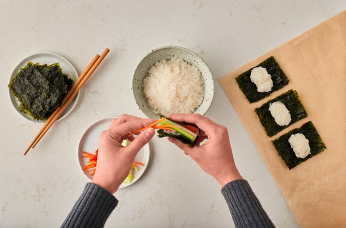 Get them from Amazon: 12-pack of seaweed snacks for $17.73 and six-pack of microwavable sticky rice for $11.91.