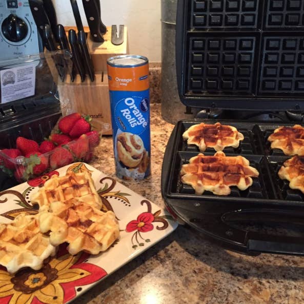 Get them from Amazon: waffle iron for $17.12 and cinnamon roll dough for $2.49.Check out some interesting things you can make with your new waffle iron here.