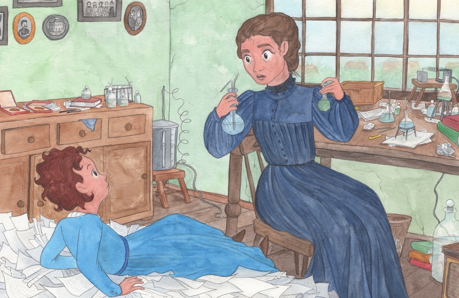 Here is one of the illustrations from the book, where the little protagonist drops by Marie Curie's lab.
