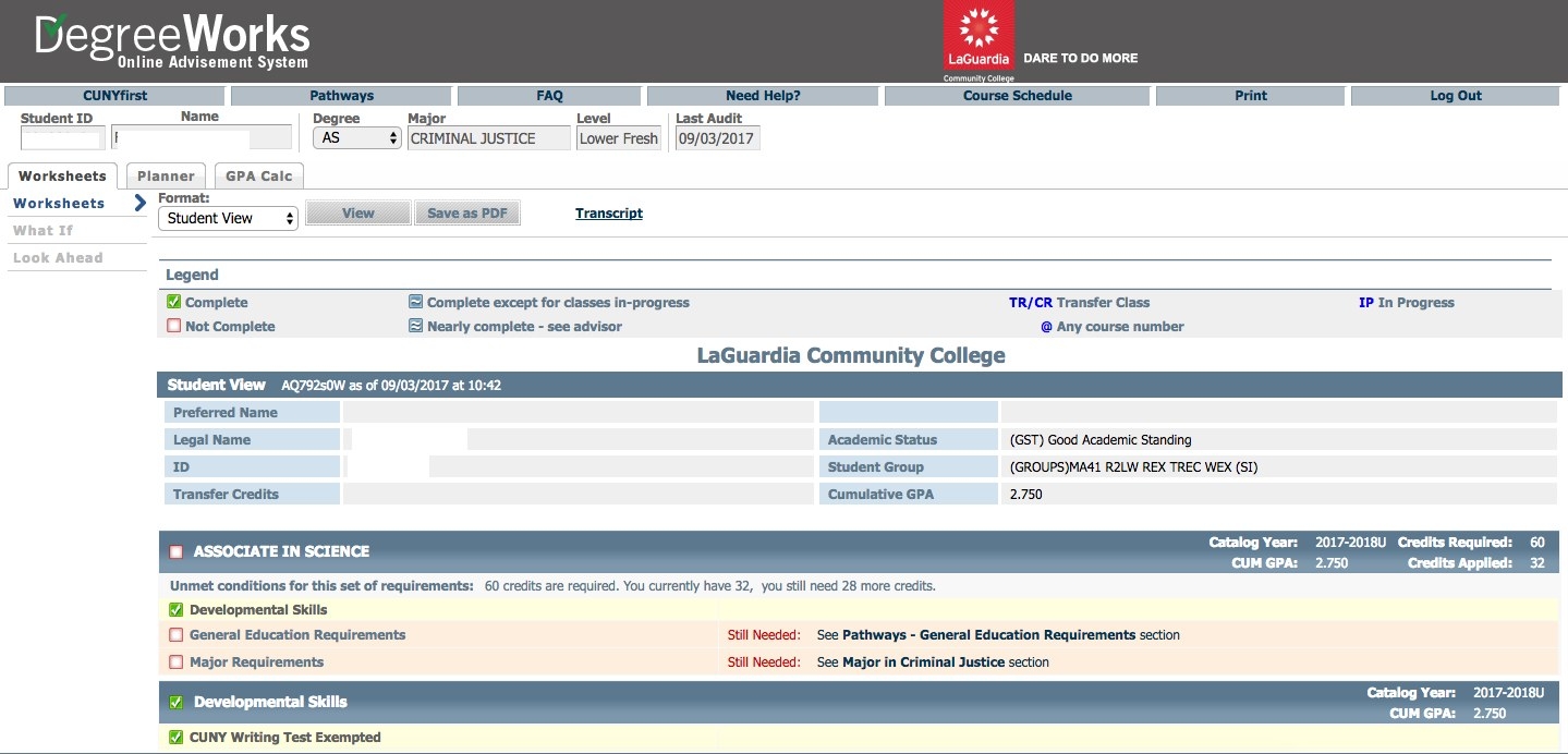 In this example the student has 32 credits applied. This includes the credits you are currently taking. He still needs 28 credits to reach 60 credits which is the required credits for an associates degree.