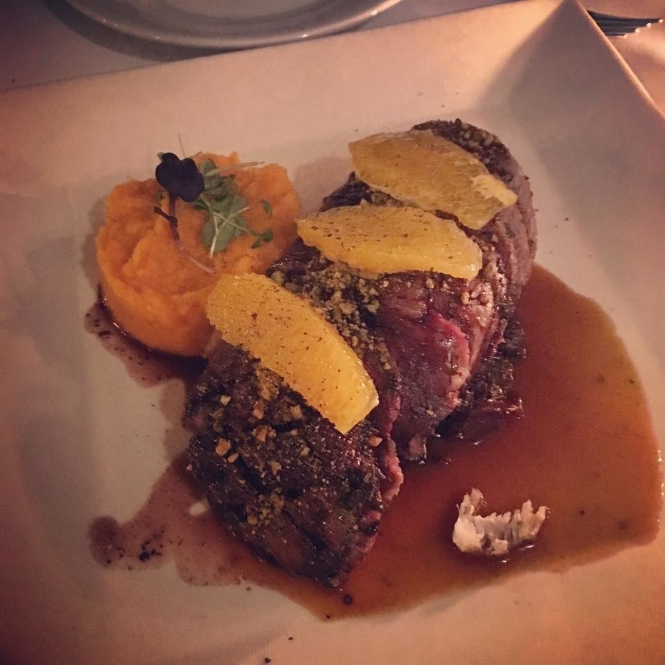 My personal favorite dish of the evening, the Roasted Duck Magret is an absolute perfect. Juicy, tender pieces of medium-rare duck breast is coated in pistachio crumbs, and accompanied by sweet potato purèe, caramelized apple, roasted red cabbage and raisins, and orange slices over blood orange sauce.