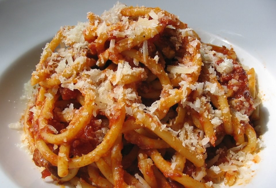it's a traditional recipe from Lazio, with onion, cheek lard, tomato sauce, pecorino cheese, pepper, olive oil and salt.