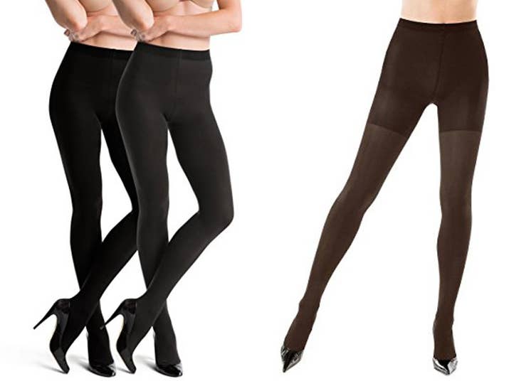 Promising review: "I've owned these tights before, and was looking forward to purchasing them again. They are very durable (difficult to run or pull, even when worn with boots with zippers), warm enough to wear in cool weather, and the reversible option is great. I wore them recently as black tights, and the brown side did not show through at all, even when stretched and in bright sunlight. They do cost a bit more than other tights, but in my opinion, it's worth it because I'll get a lot of wear out of them, and they're worth at least two pairs of tights. They can be washed and hung to dry without losing shape or elasticity. They fit similarly to other SPANX products — you don't want to go too small, or you'll be pulling and yanking on them constantly, but the size chart is very accurate. I was on the borderline between two sizes, and picked the larger, which were comfortable and did their job." —myswtghstPrice: $24.51+ Rating: 4.1/5 Sizes: A–G Colors: bittersweet/black, black/charcoal, gray/black, two-pack of black/charcoal