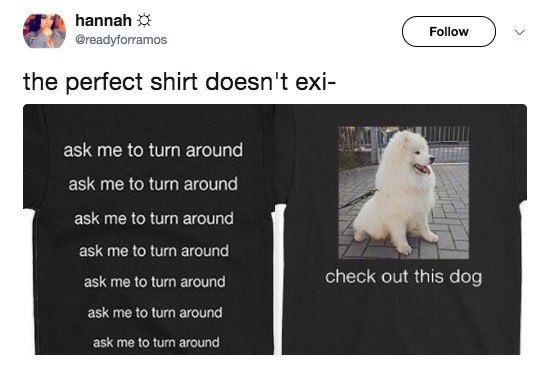 Ask me to turn around check out this dog shirt 16 Pics That Ll Make Dog People Say Perfect Doesn T Exi