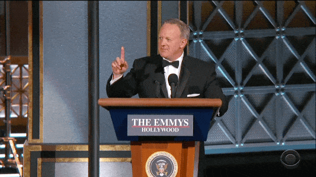 In his capacity as White House press secretary, Spicer said in January, "This was the largest audience to ever witness an inauguration, PERIOD, both in person and around the globe." At the Emmys, during Colbert's monologue, Spicer came out onstage with a mobile podium reminiscent of the one Melissa McCarthy used in her impersonation of him on Saturday Night Live and said, "This will be the largest audience to witness an Emmys, PERIOD, both in person and around the world."