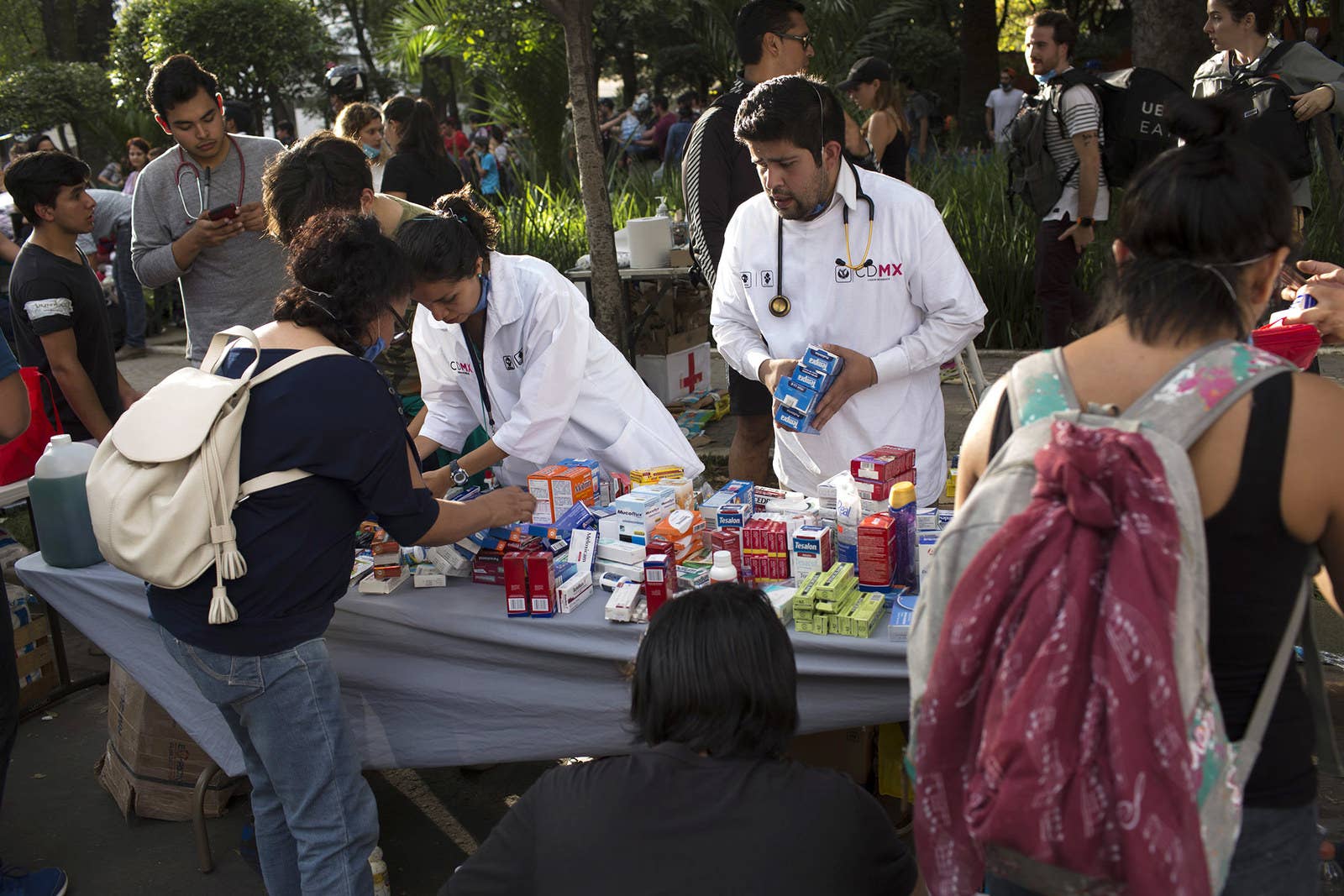 Medical personnel organize supplies in Mexico City.