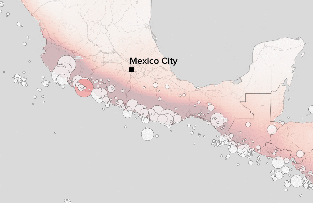 Earthquakes since 1900 with a magnitude of 6 or more, including the 1985 Mexico City quake (pink) and this month's 8.1 and 7.1 magnitude quakes (red), scaled by the amount of shaking. Background color reflects major earthquake risk.
