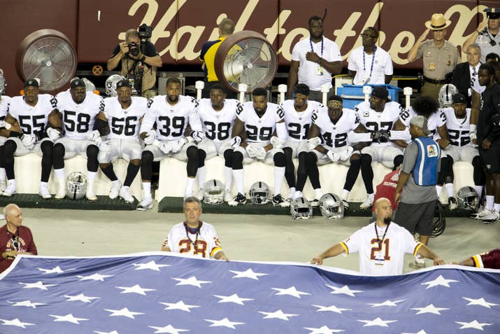 Oakland Raiders sat during the national anthem before their game Sunday against the Washington Redskins.
