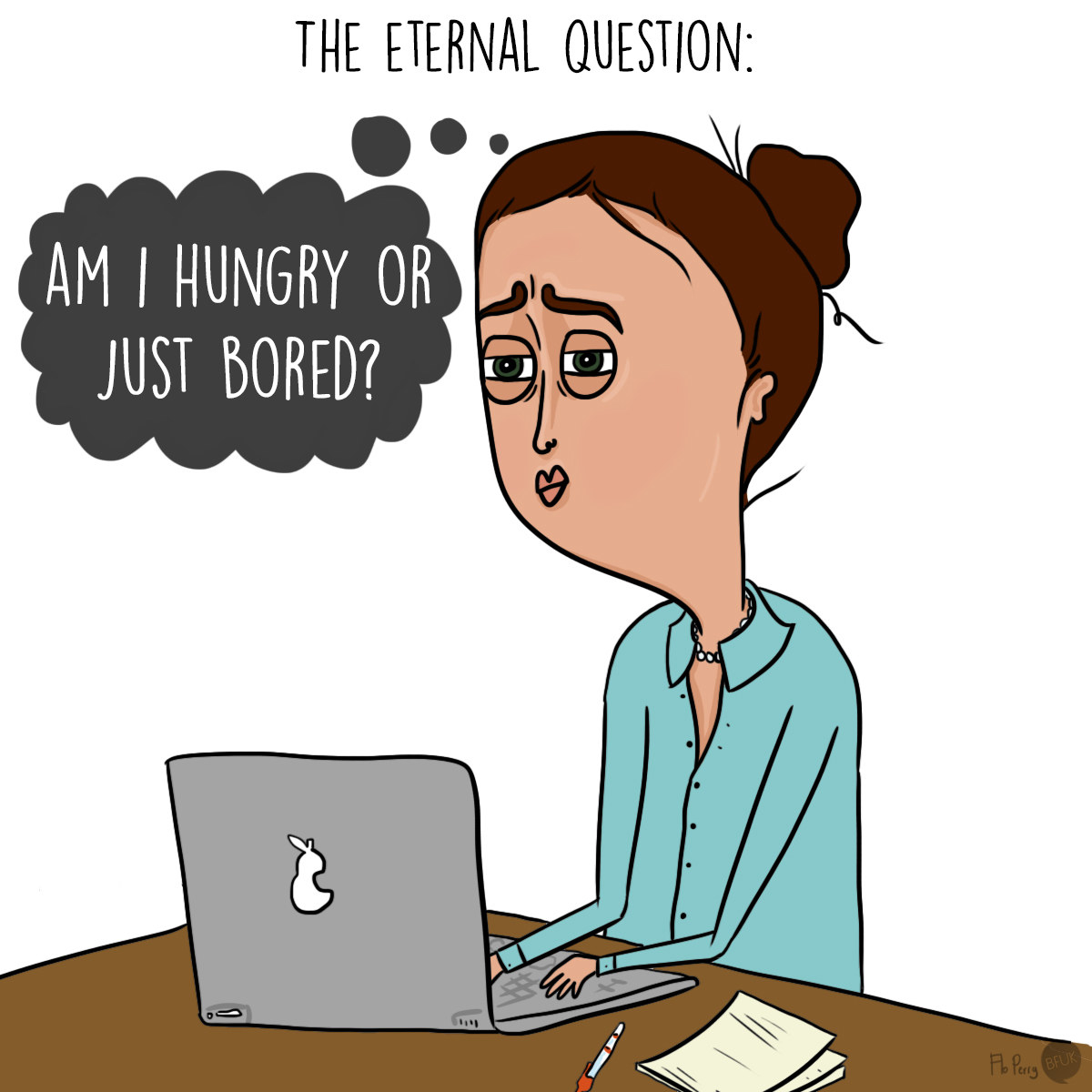 Cartoon of a woman asking, &quot;Am I hungry or just bored?&quot;