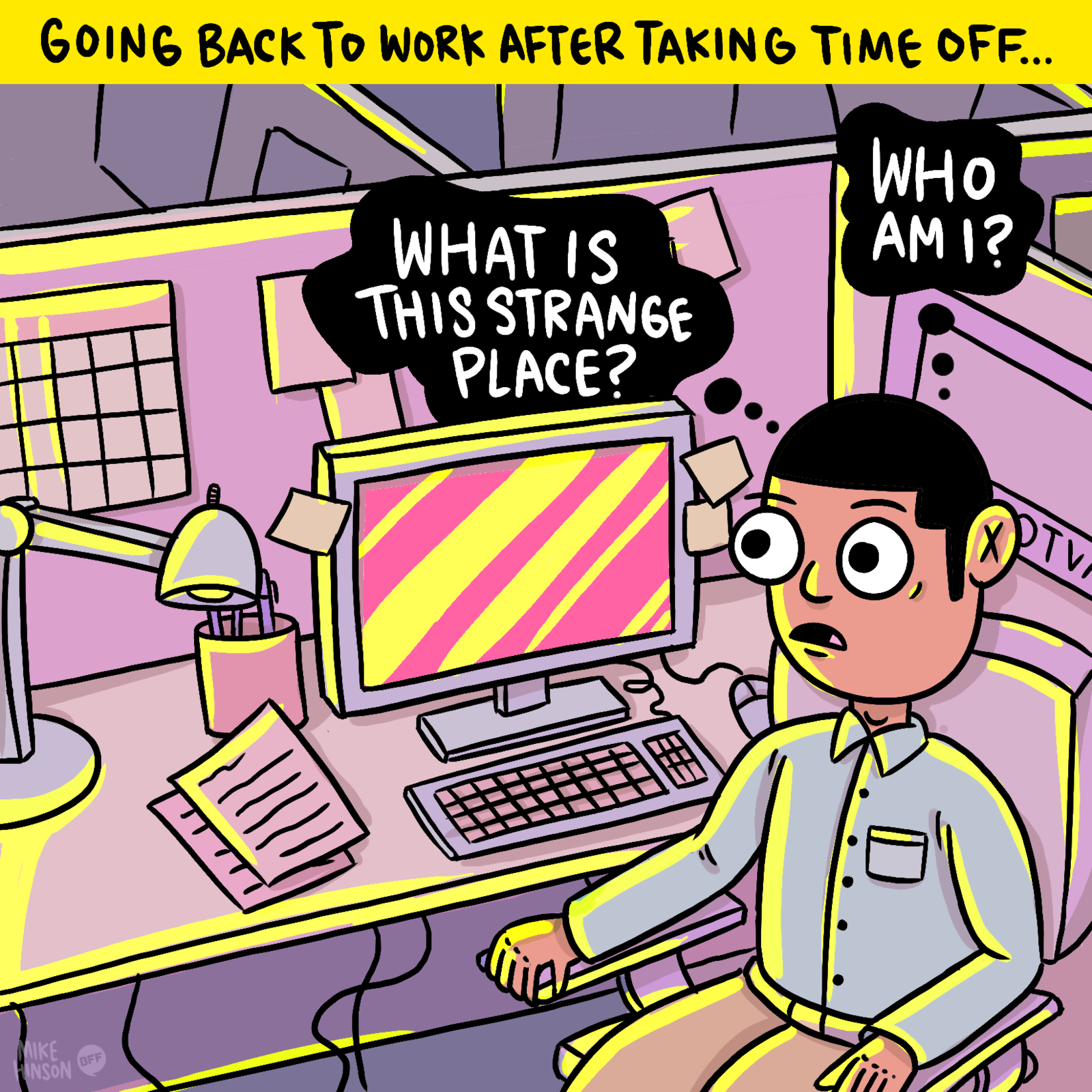 Cartoon of someone who forgot about work while on vacation