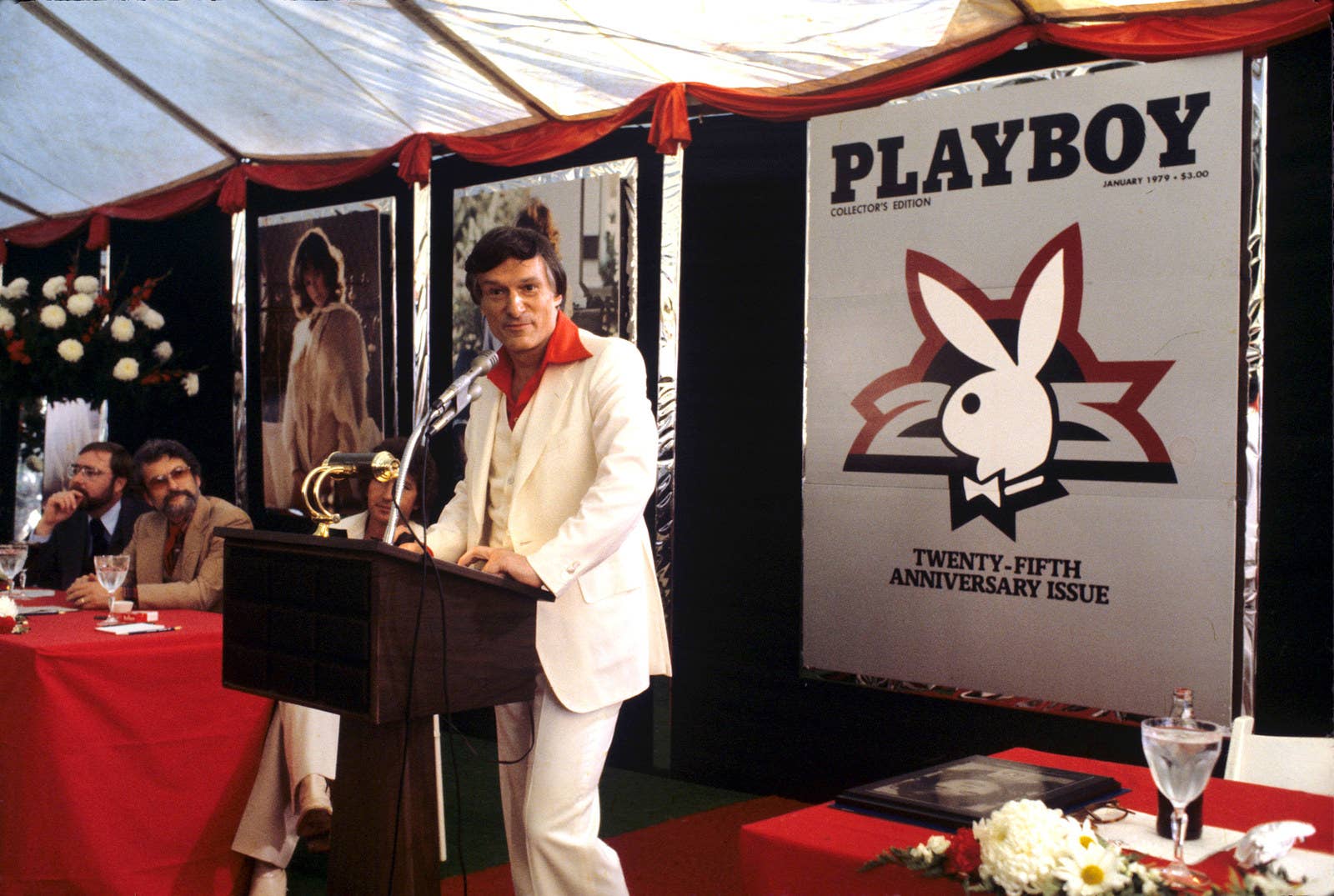 Hefner speaks to an audience during the release party for the Playboy 25th anniversary issue in 1979.