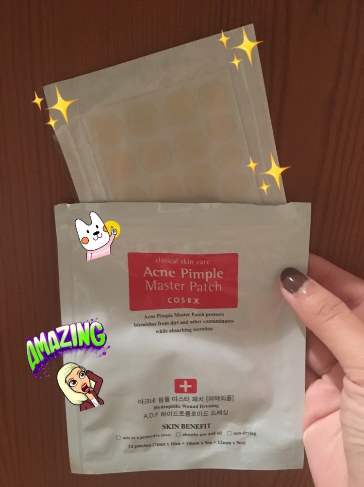 A hand holding up the package of pimple patches with a shocked emoji saying &quot;Amazing&quot;