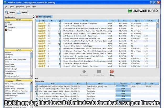 A LimeWire home screen downloading music