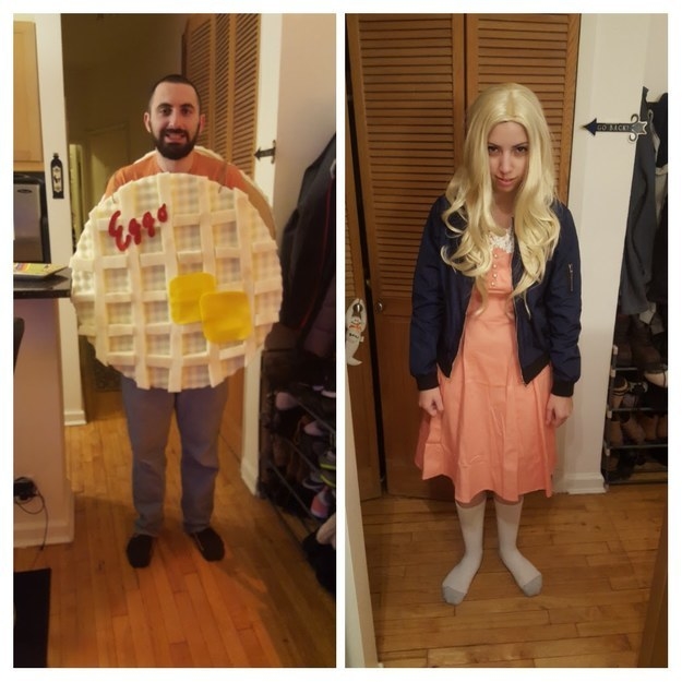 One person in a pink dress and one person dressed as an Eggo waffle