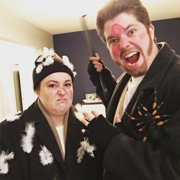 Two people dressed as the Wet Bandits in raggy clothes with fake injuries