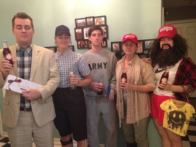 A group of people dressed in Forrest Gump&#x27;s iconic outfits