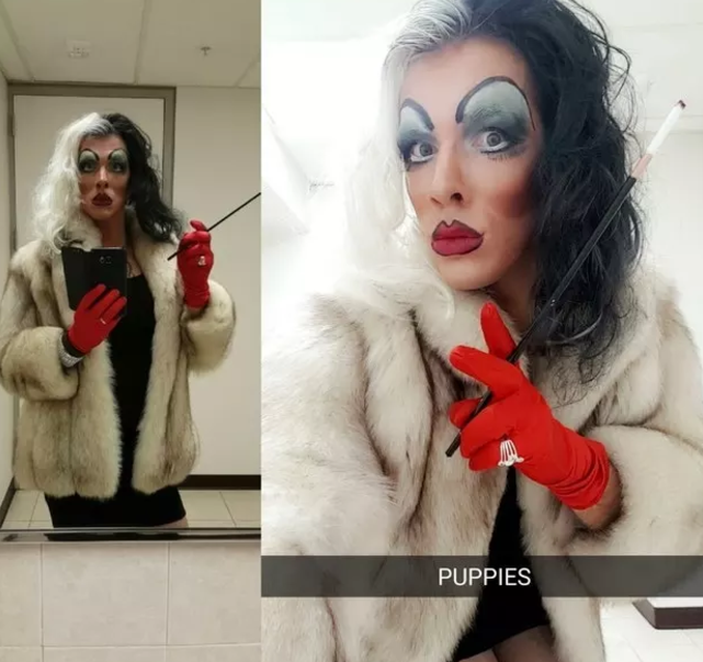 Someone wearing a fake fur coat as Cruella de Vil