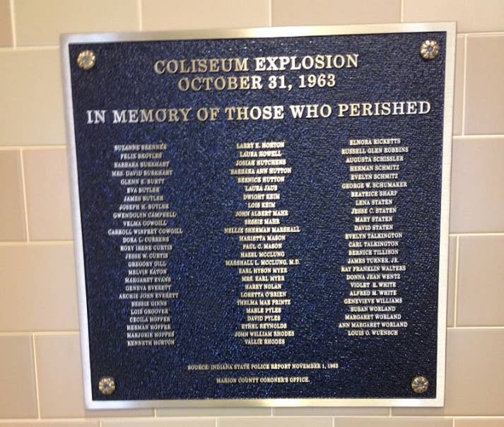 In 1963, many Hoosiers decided to spend Halloween night at the Indiana State Fairgrounds Coliseum watching a “Holiday on Ice” skating exhibition. Unbeknownst to them, a rusty tank in the concession area began to leak gas. The room — which lacked ventilation — quickly filled with gas. As the skaters performed their grand finale, the gas reached an electric popcorn maker, triggering a huge explosion. Seventy-four people were killed, and nearly 400 were injured.