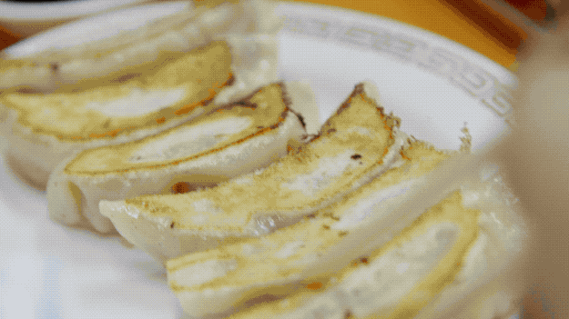 An average of 2,00 to 2,500 gyozas are made a day. Ingredients include Chinese chives, cabbage, and ground pork.