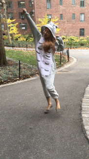 This is me acting like an idiot in public, but it's also NYC and no one can judge me. Lucky for you, readers, if you wanted to snag one in time for Halloween, the onesie, available in sizes S–XL, is eligible for Prime shipping! A few other details: There are pockets (useful for snacks, because being Totoro is a tough job and requires fuel). It's quite saggy towards the bottom, à la harem pants. And you can button the onesie all the way up, which I like because I don't fully trust zippers to stay functional. For something so affordable, I must say — I've been very impressed by its quality.Now, my next mission is to change the office dress code to accommodate onesies at all times, so I never have to get out of this thing.