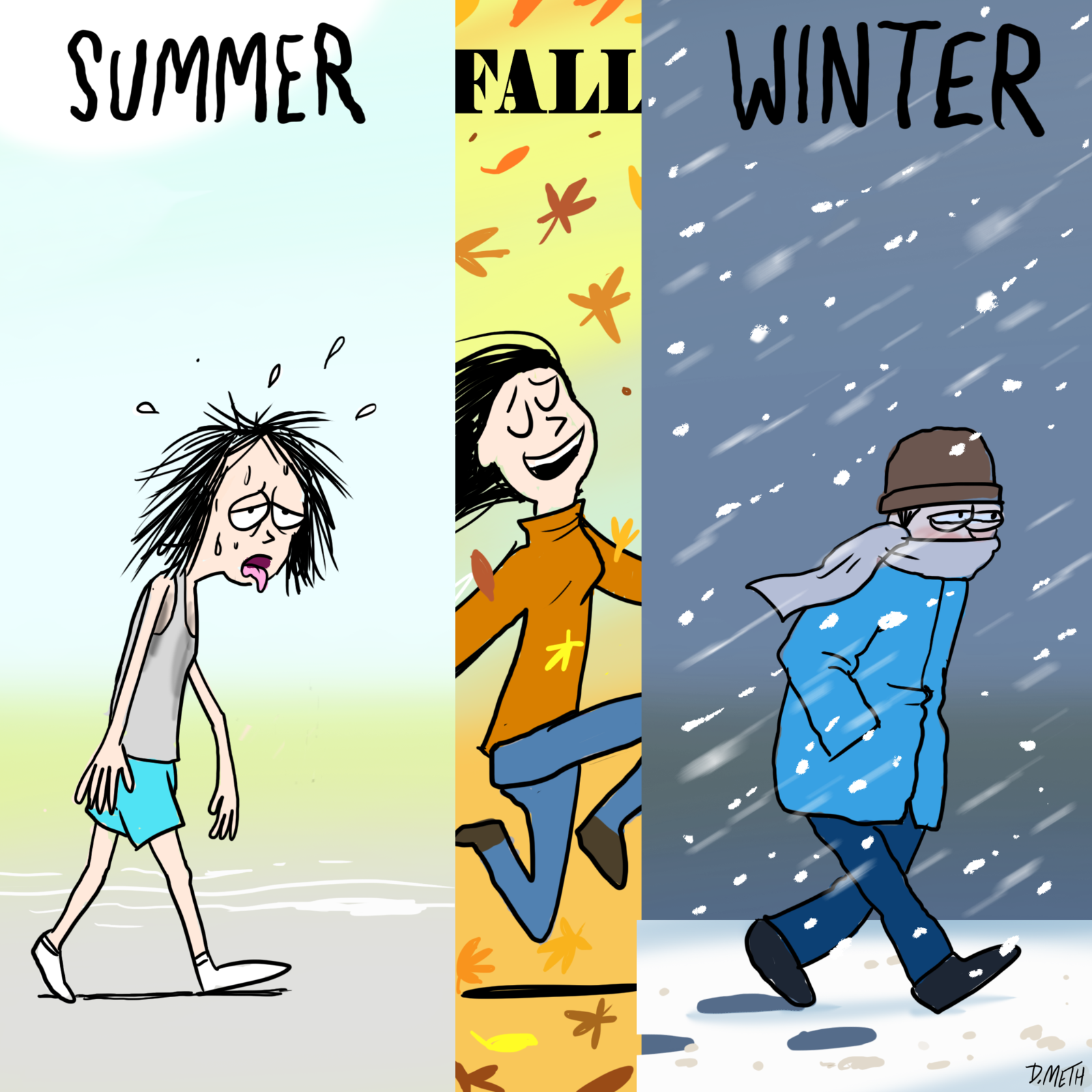 Комикс Summertime. Summer and Winter тетка. Autumn is ( worse the worst) than Summer. Only badly