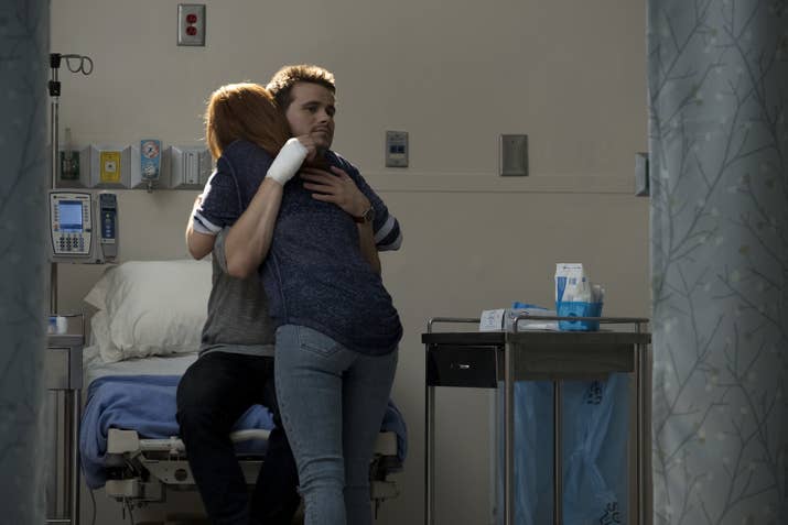 Amy rushes Kevin to the hospital and they have a beautiful heart-to-heart when his hand is bandaged. She and John got the truck and started working on it together before he died. When she works on it now, she talks to him and feels like he's there with her. Awww! Pass the tissues, please. Kevin hugs his sis, finally understanding how much pain she has been in and how she puts up such a strong front. He didn't mean to overstep, he just wanted to help her out a little bit. Jason Ritter and JoAnna Garcia Swisher have been perfectly cast in these roles. Their natural chemistry and combined energy just makes you smile...like hugs from fluffy puppy. They know how to balance comedy and drama and they exceedingly excel at both. Which is why their scenes together make me cry, laugh and ultimately, laugh-cry. Amy bares her soul by revealing this secret and Kevin's take-away is that the truck is haunted. He's joking, of course. He wants them to be able to talk to each other. Then he says the sweetest thing, "I'll be your haunted truck." Sigh.While Amy go gets the car, Kevin gives in to the universe and visits Karl.