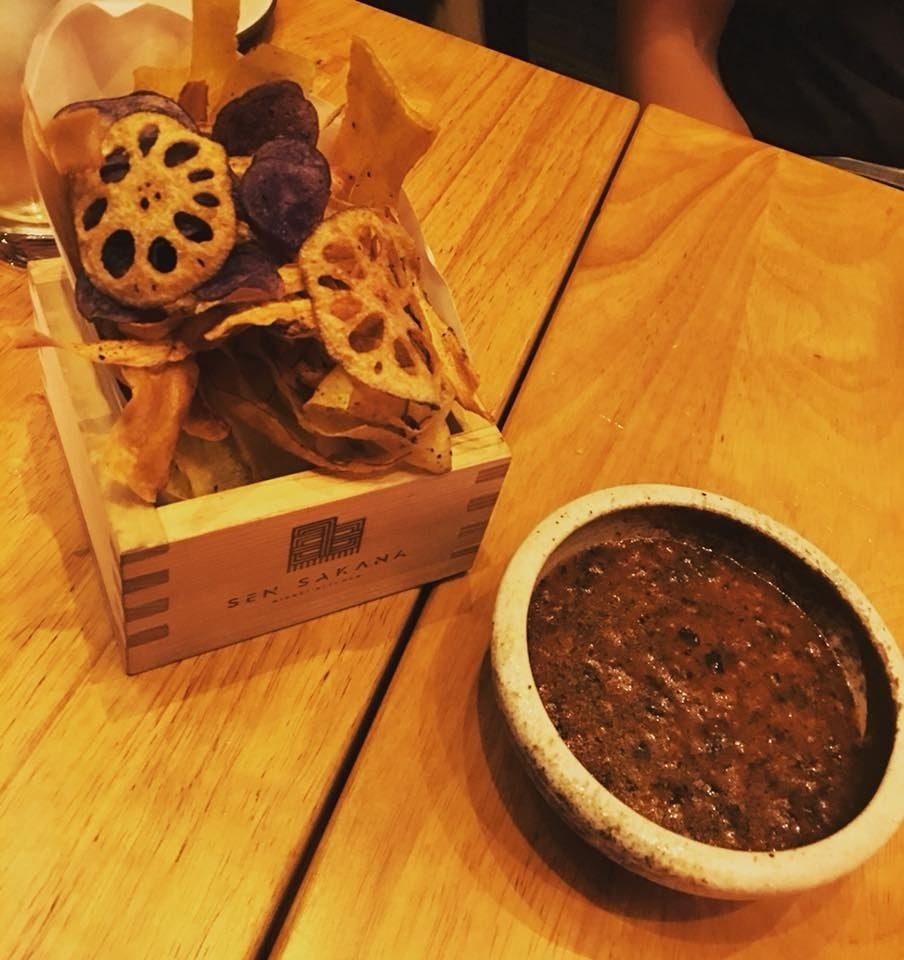 Ramp up your appetite with a basket of crispy Root Vegetable Chips with a side of flavorful Charred Tomato Rocoto Dip.