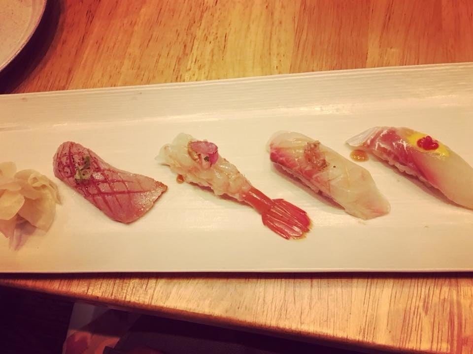 These melt-in-your-mouth platter of Nikkei Nigiri includes Chu-Toro (seared fatty tuna), Botan Ebi (sweet shrimp topped with miso), Hamachi with Peruvian green sauce, and Madai (red snapper)