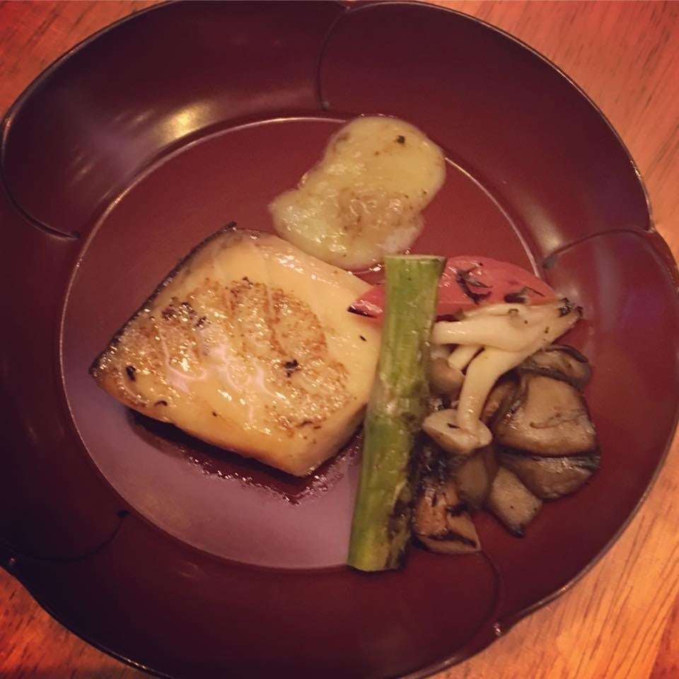The rich Salmon Belly prepared Kasuzuke-style is cured in Sake Lees, and served with creamy uuzu miso cheese and grilled vegetables (maitake mushroom, asparagus, and bell pepper).