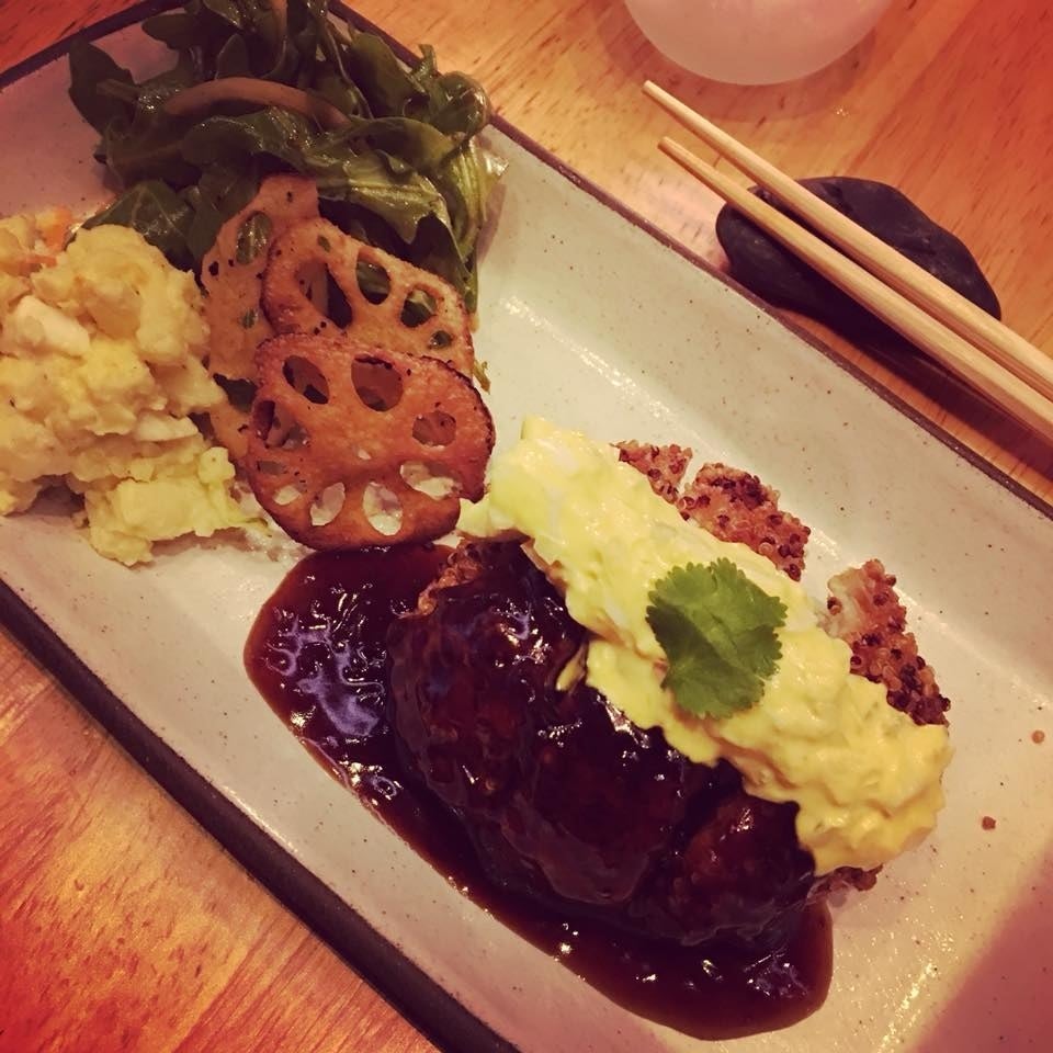 You get a choice between two excellent fried entrees: Chicken Nanban (pictured above), which features deep-fried black feather chicken breast with crispy quinoa in black vinegar and aji tartare sauce and topped with creamy egg salad, or the Ton Katsu, or deep-fried pork loin in panko batter and katsu sauce. Both are served with a side of Japanese potato salad, root vegetable chips, and arugula.