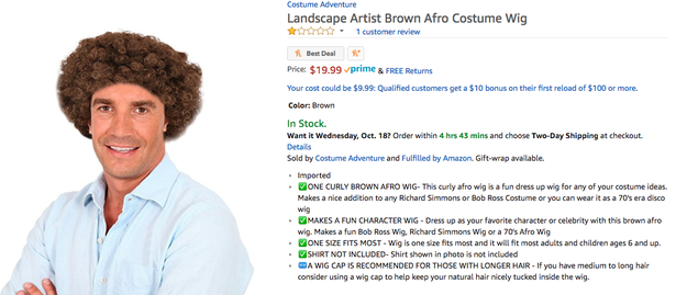 This "Landscape Artist Brown Afro" wig is in no way supposed to be Bob Ross.
