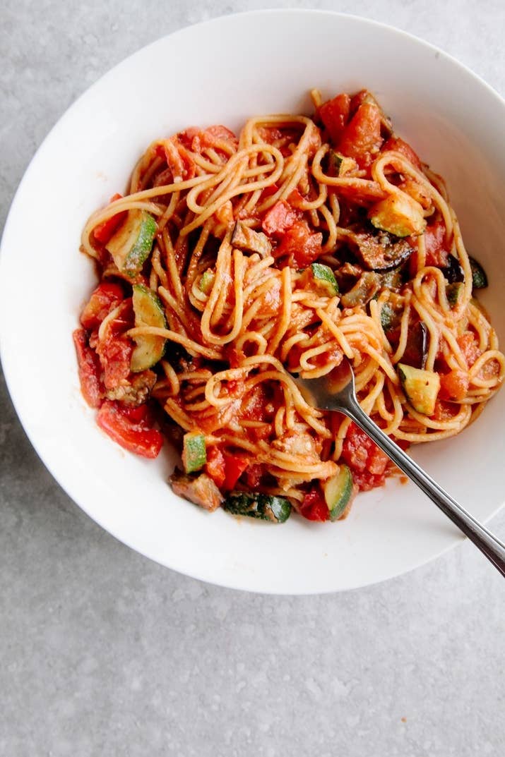 Ready in about 20 minutes, this simple spaghetti gets an upgrade from eggplant, zucchini, pepper, and tomato, all sautéed into melt-in-your-mouth goodness. Get the recipe.