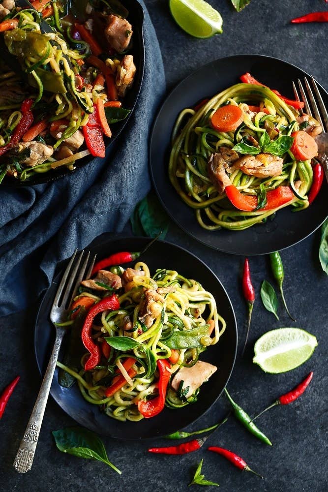 Who needs takeout when you can make this better-for-you take on an Asian classic? Plus, there's nothing bland about zucchini noodles when they're drowning in a sauce of chili garlic paste, fish sauce, lime, and ginger. Get the recipe.