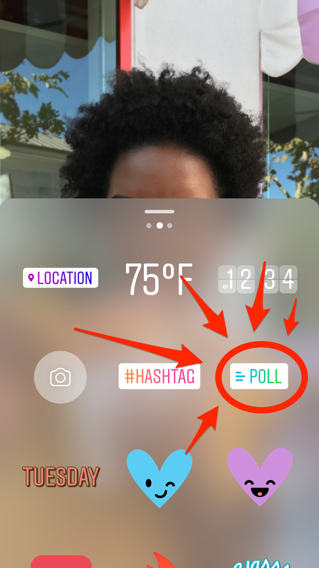 After you take a photo or video inside Stories, tap the square sticker icon at the top to open the stickers menu. Then, select "POLL".